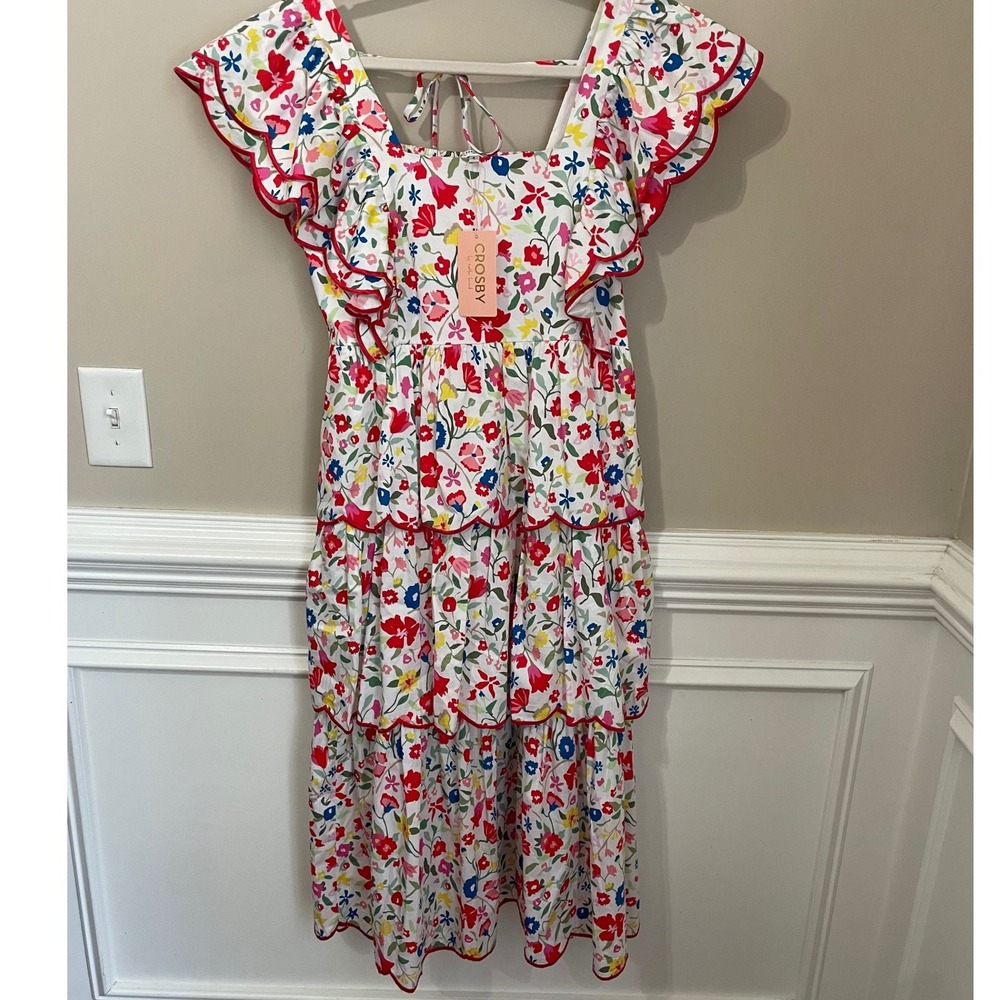 Crosby by Mollie Burch Frida Tiered Floral Midi Dress Scallop Trim Size S Cotton